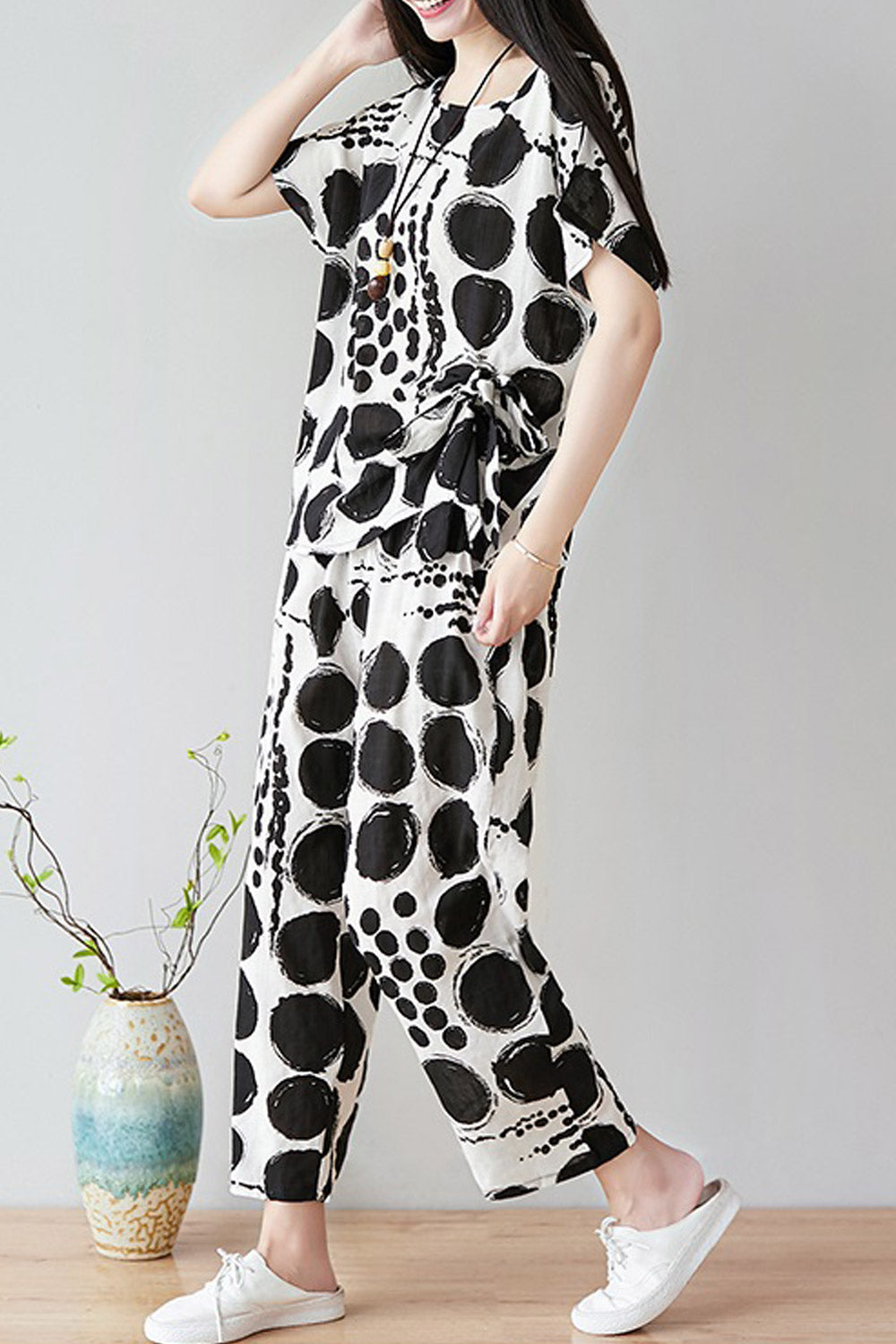 Women Big Dots Loose Fit Two Piece Summer Suit