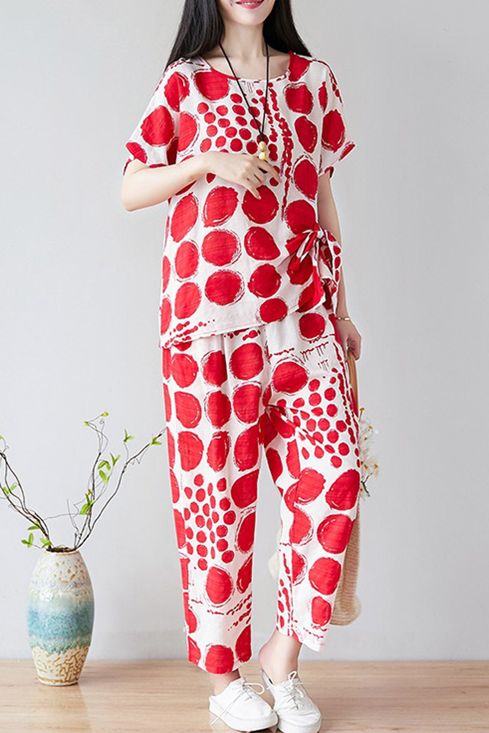Women Big Dots Loose Fit Two Piece Summer Suit