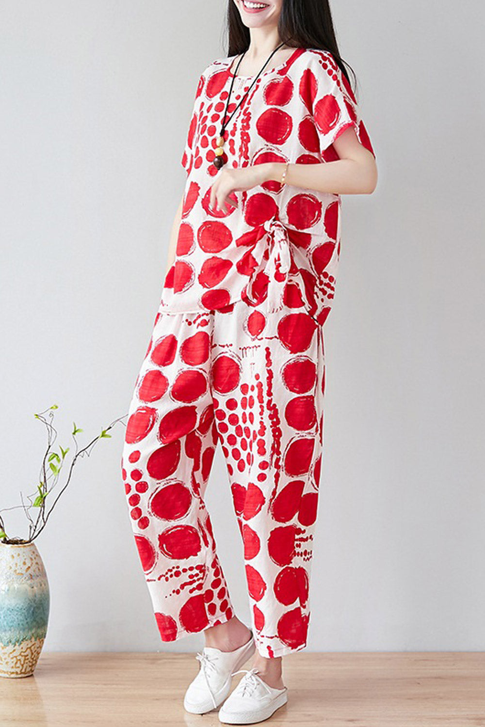 Women Big Dots Loose Fit Two Piece Summer Suit