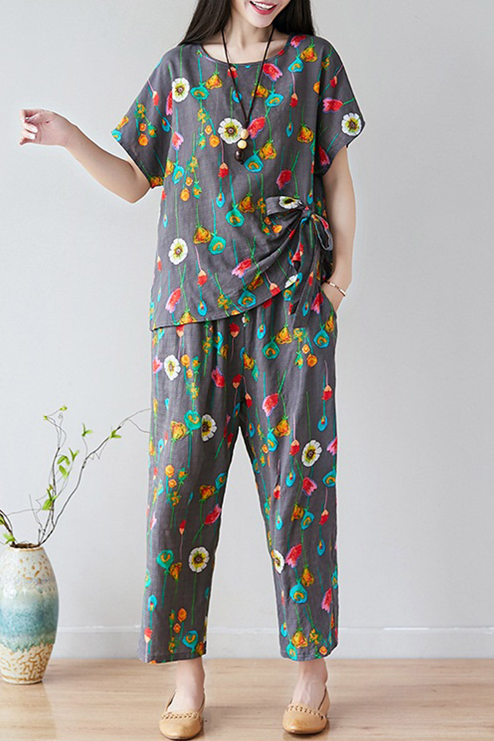 Women Loose Fit Printed Two Piece Summer Suit