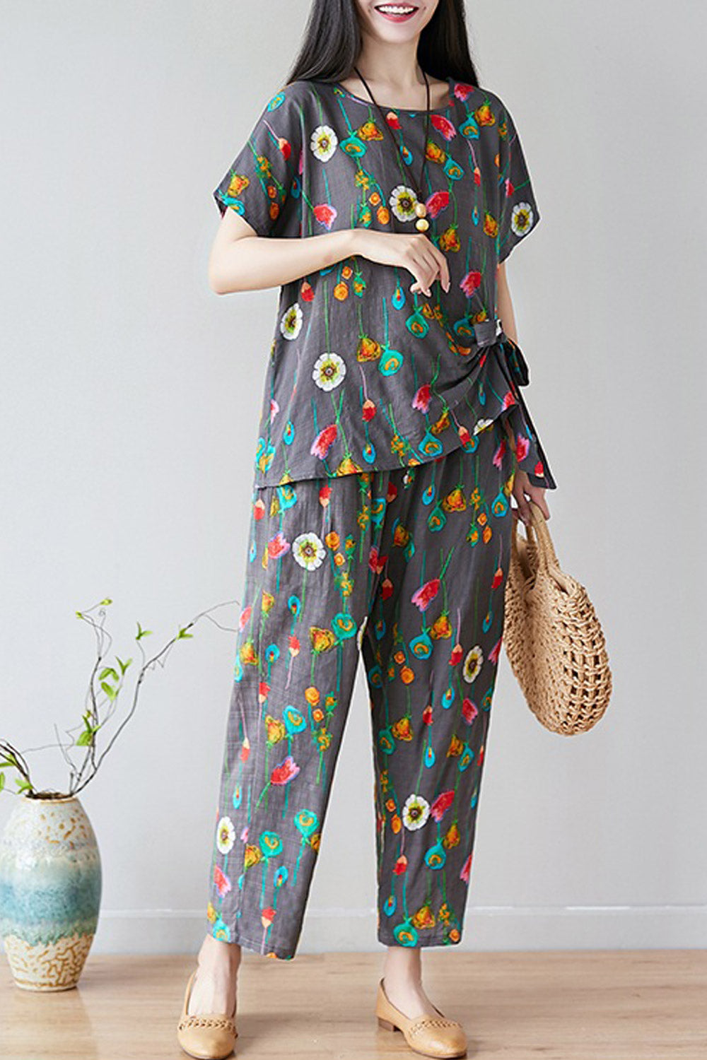 Women Loose Fit Printed Two Piece Summer Suit