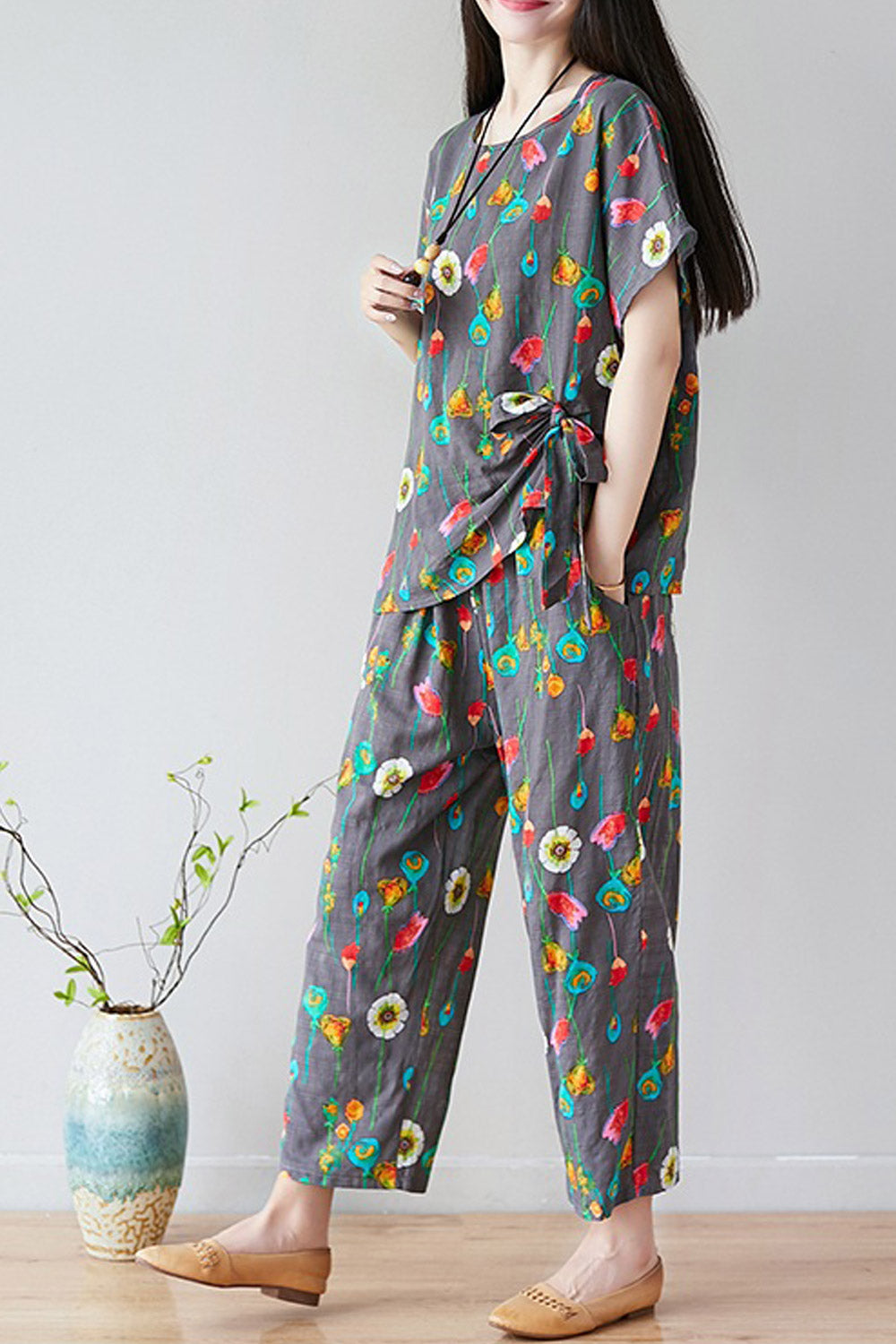 Women Loose Fit Printed Two Piece Summer Suit