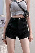 Women Fabulous Solid Colored Easy High Waist Belt Loops Summer Casual Drawstring Denim Short