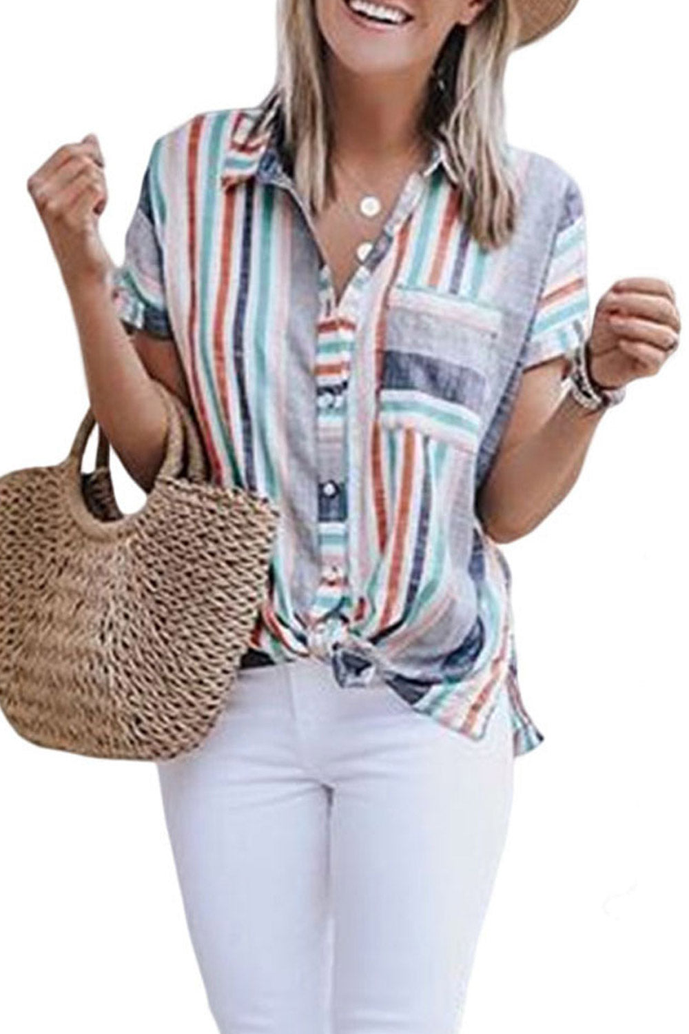 Women Summer Fashion Stripes Pocket Top