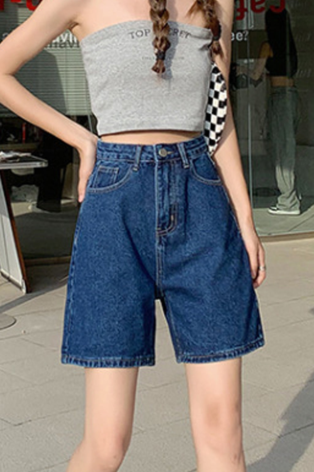 Women Thin & Breathable Wide-Leg Restful High Waist Button Closure Casual Denim Short