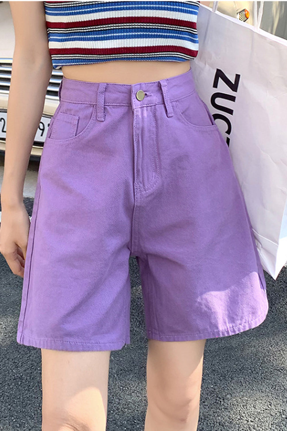 Women Thin & Breathable Wide-Leg Restful High Waist Button Closure Casual Denim Short