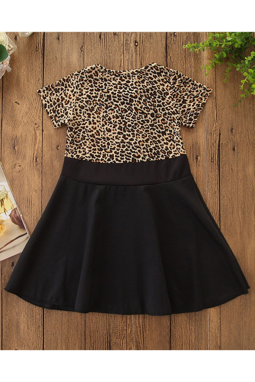 Kids Girls Leopard Top Plain A-Line Skirt Dress