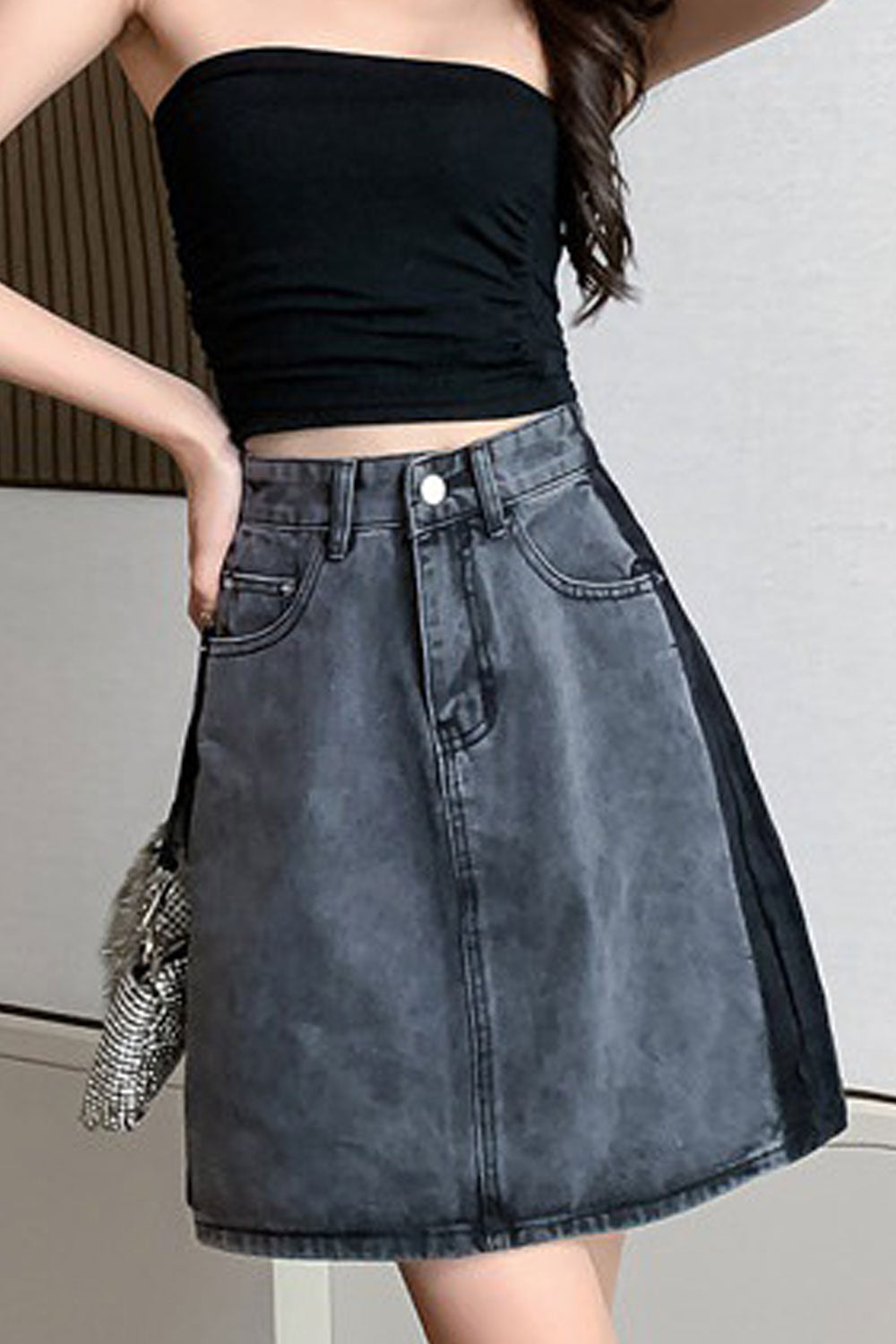 Women Restful High Waist Trendy Solid Colored Belt Loops Summer Weekend Denim Short Skirt