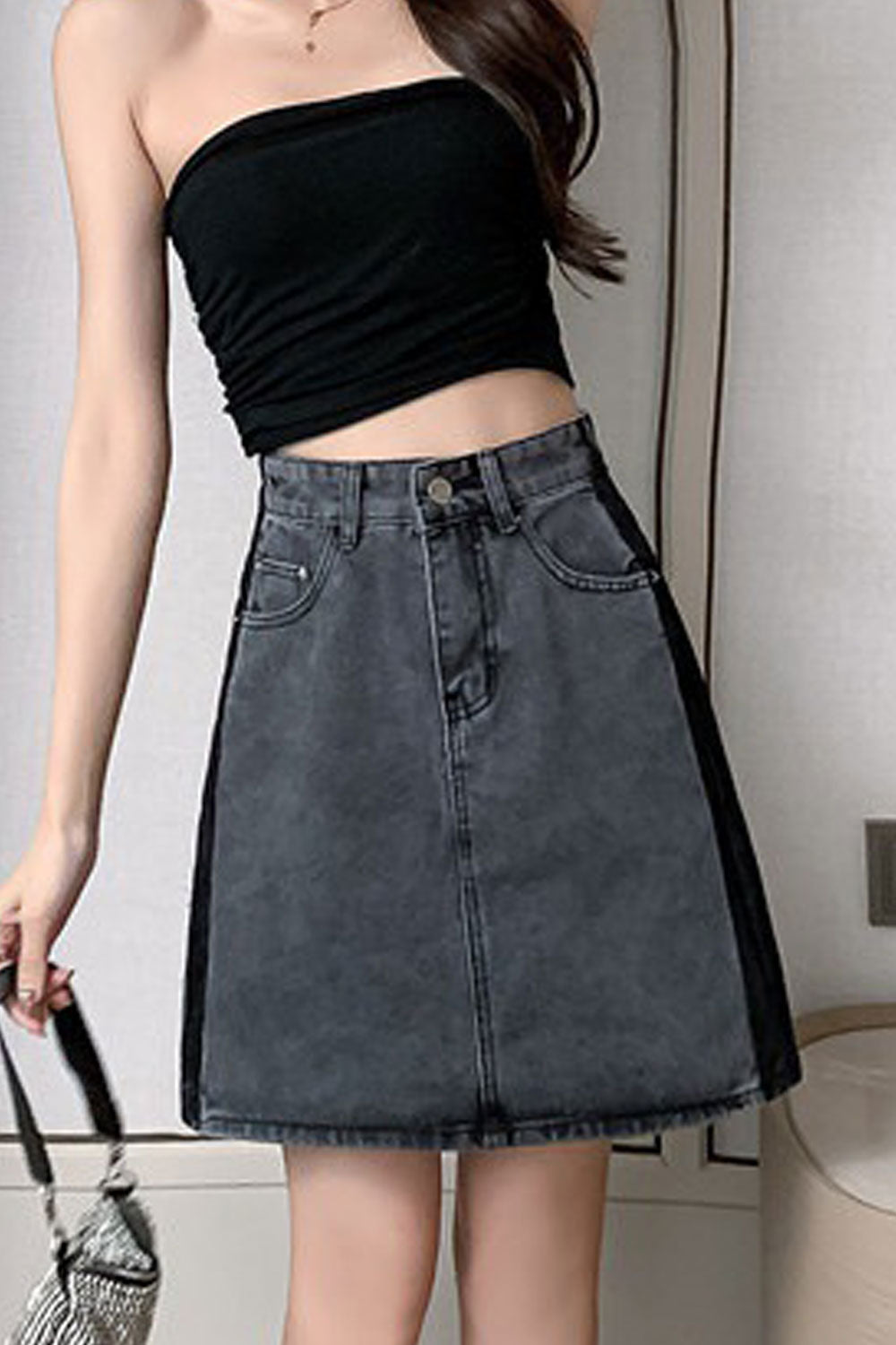 Women Restful High Waist Trendy Solid Colored Belt Loops Summer Weekend Denim Short Skirt