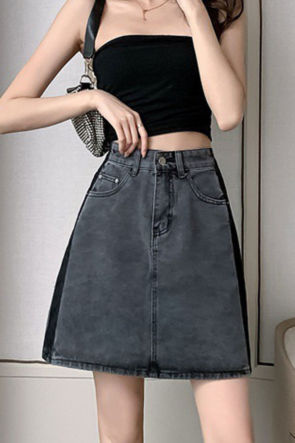 Women Restful High Waist Trendy Solid Colored Belt Loops Summer Weekend Denim Short Skirt