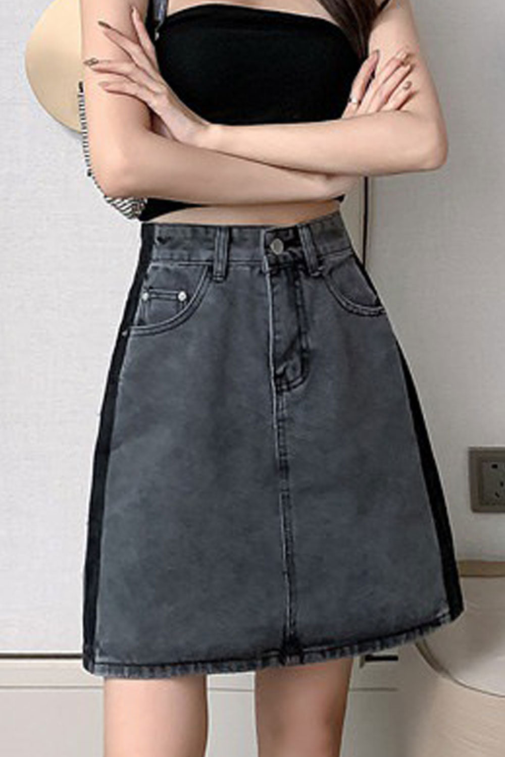 Women Restful High Waist Trendy Solid Colored Belt Loops Summer Weekend Denim Short Skirt