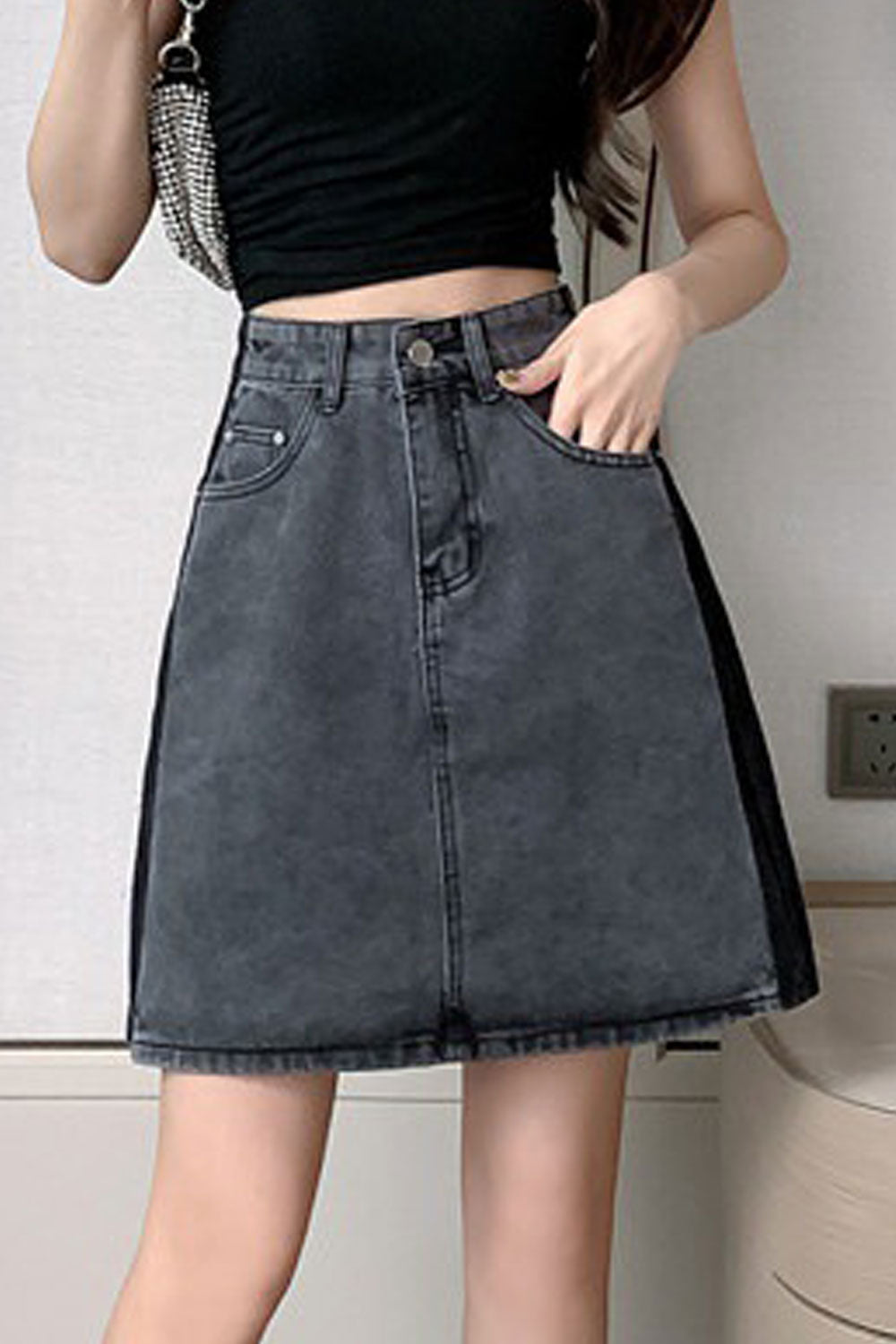 Women Restful High Waist Trendy Solid Colored Belt Loops Summer Weekend Denim Short Skirt