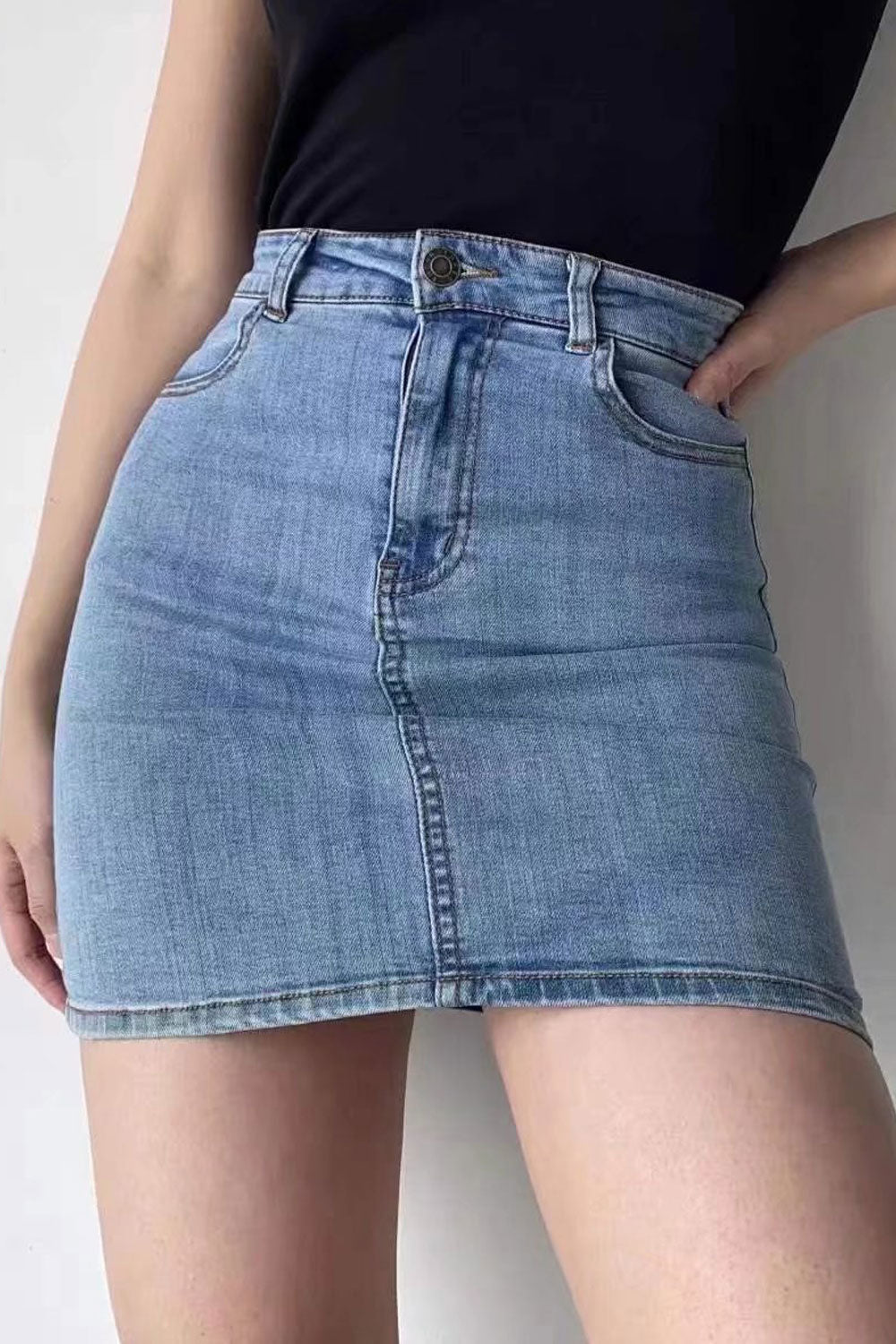 Women Stretchable High Waist Summer Slim Fit Pockets Styled Fashion Short Denim Skirt