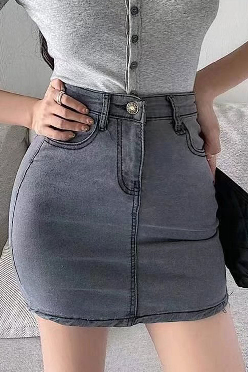 Women Stretchable High Waist Summer Slim Fit Pockets Styled Fashion Short Denim Skirt