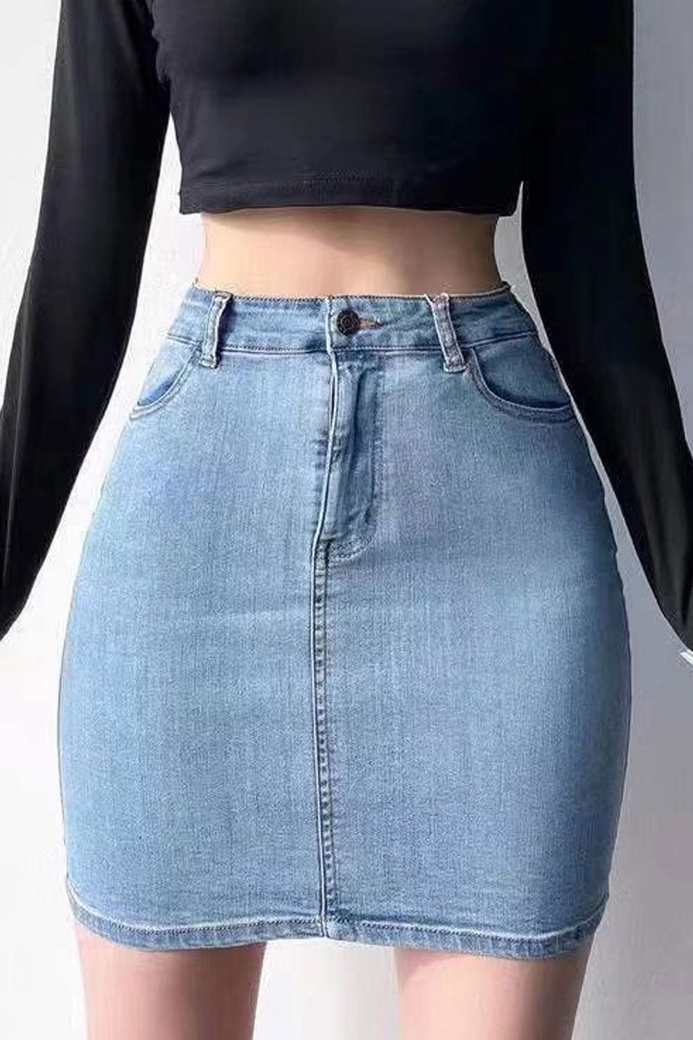Women Stretchable High Waist Summer Slim Fit Pockets Styled Fashion Short Denim Skirt