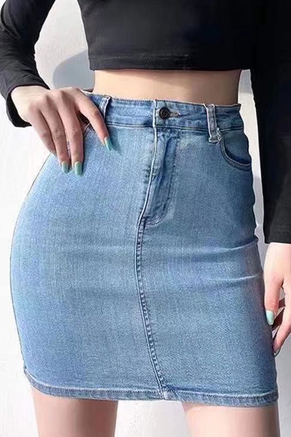 Women Stretchable High Waist Summer Slim Fit Pockets Styled Fashion Short Denim Skirt