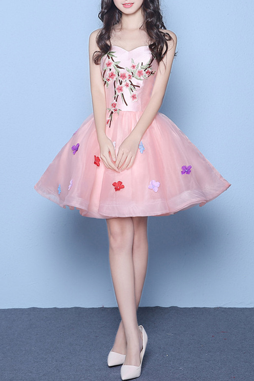 Women Flower Decorated Off Neck Mini Prom Dress