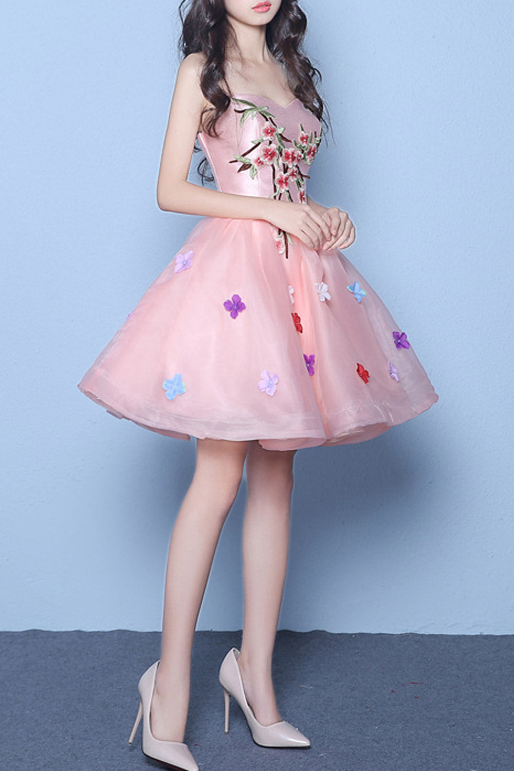 Women Flower Decorated Off Neck Mini Prom Dress
