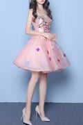 Women Flower Decorated Off Neck Mini Prom Dress