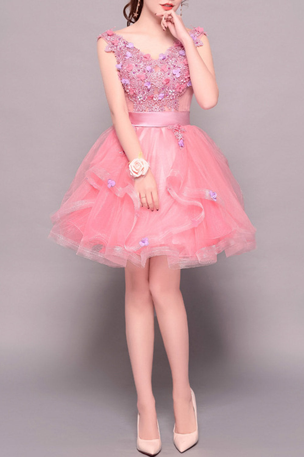 Women Flower Decor Bust Silk Waist Evening Dress