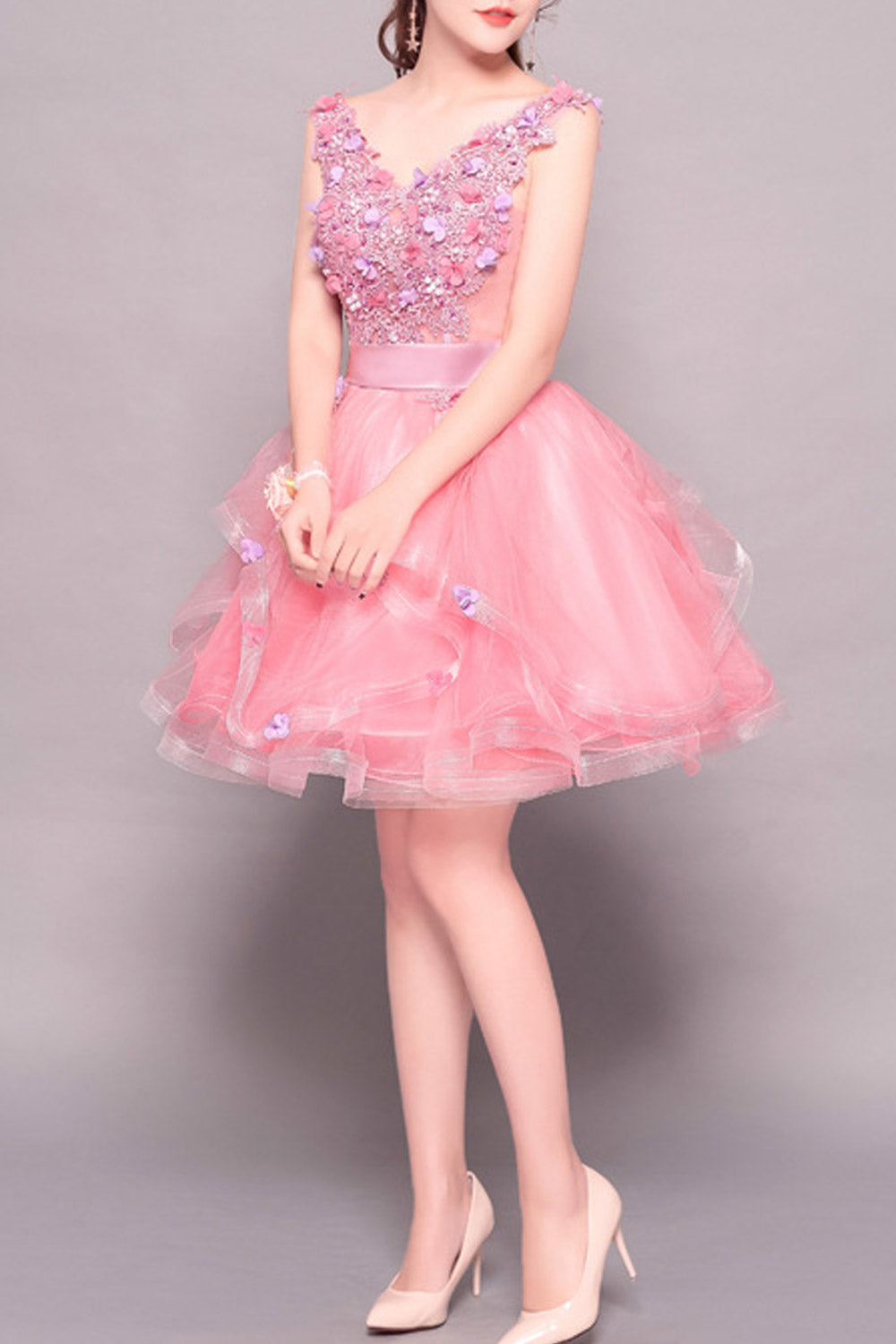 Women Flower Decor Bust Silk Waist Evening Dress