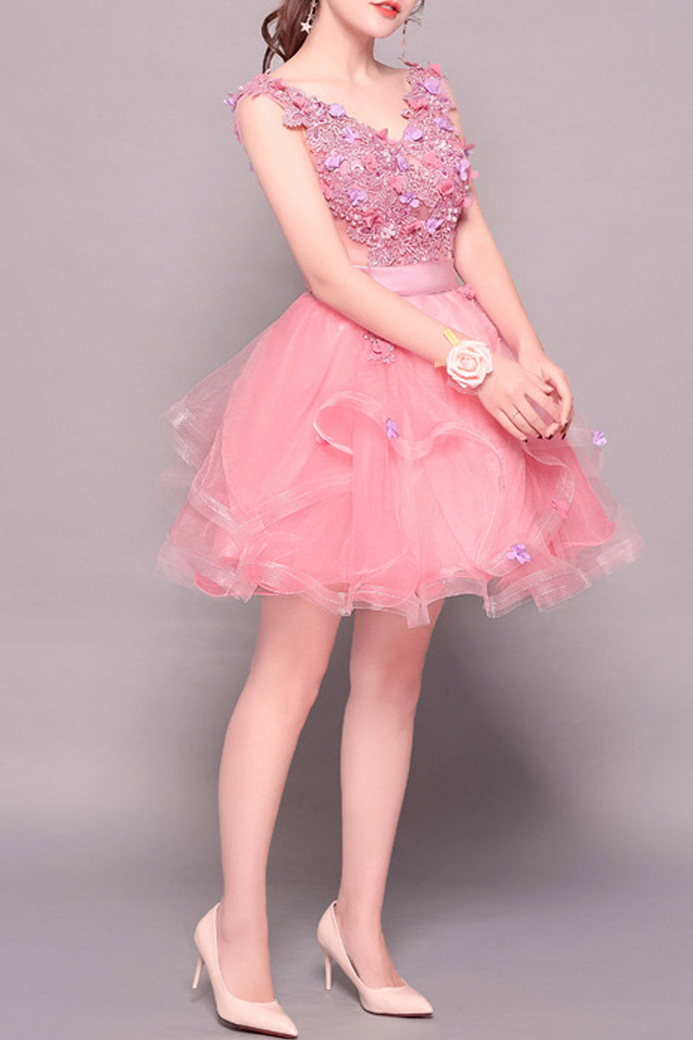 Women Flower Decor Bust Silk Waist Evening Dress