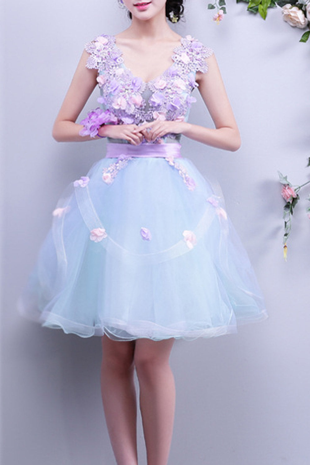 Women Flower Decor Bust Silk Waist Evening Dress