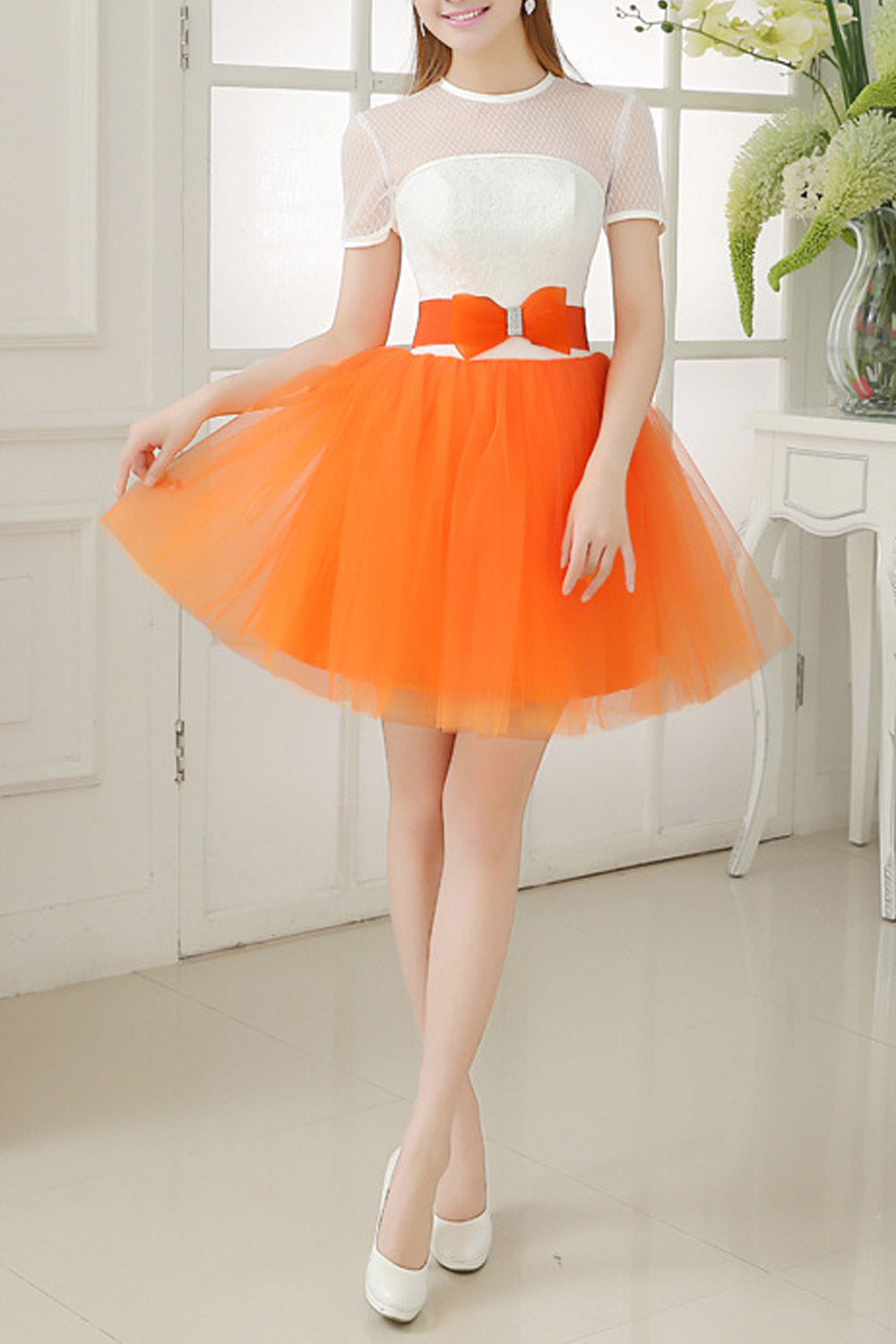 Women Elegant Bow Waist Mini Prom Dress