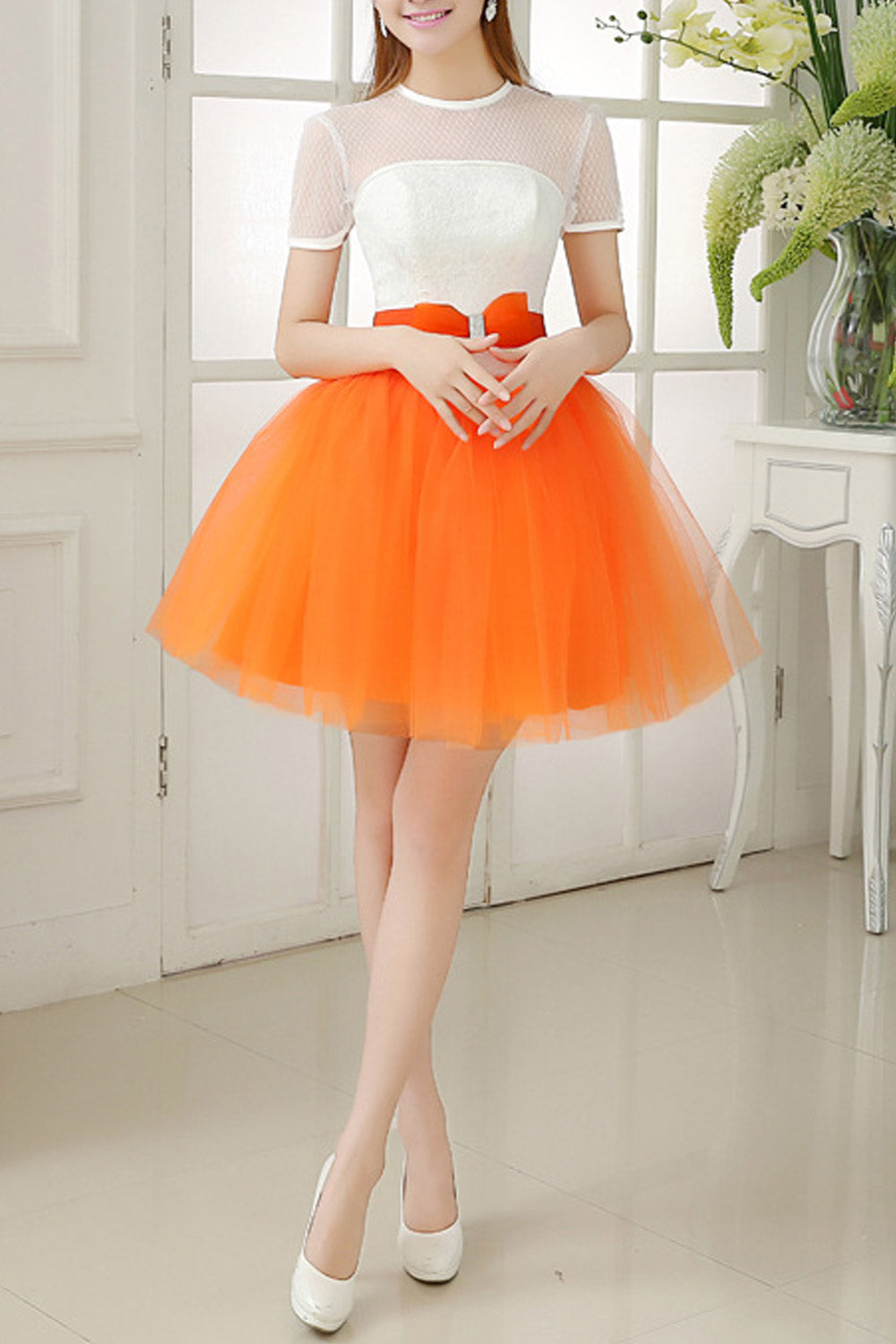 Women Elegant Bow Waist Mini Prom Dress