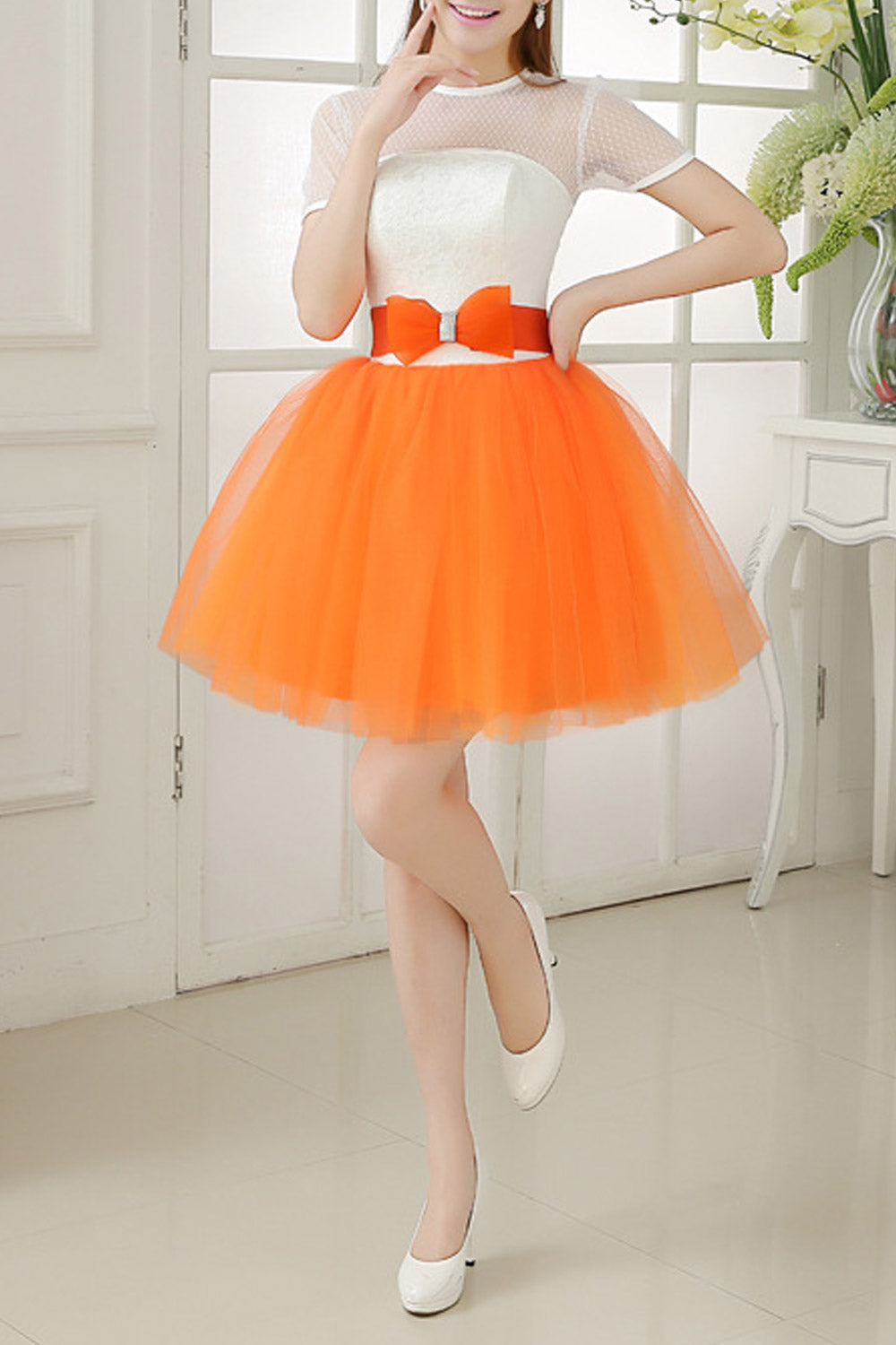Women Elegant Bow Waist Mini Prom Dress