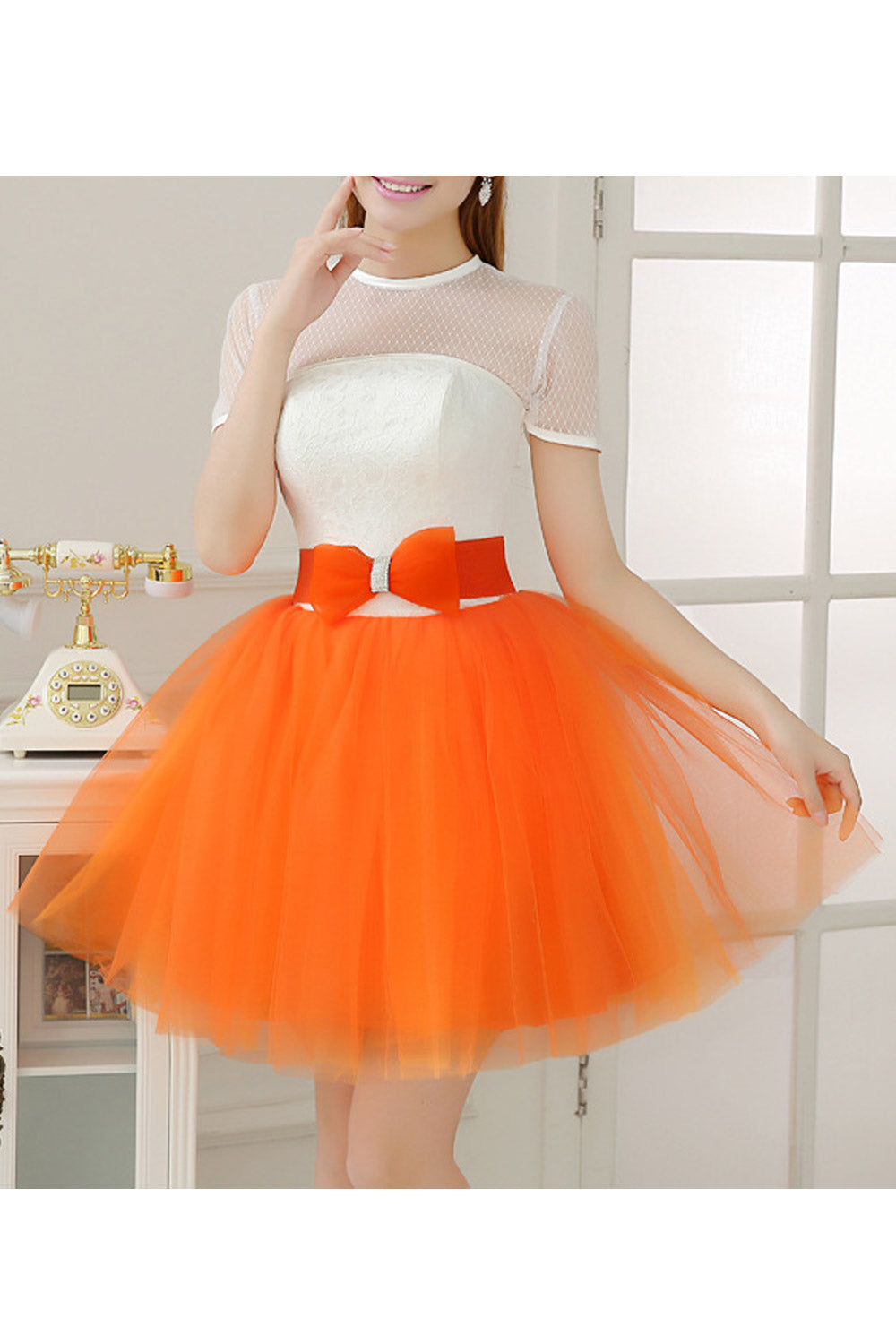 Women Elegant Bow Waist Mini Prom Dress