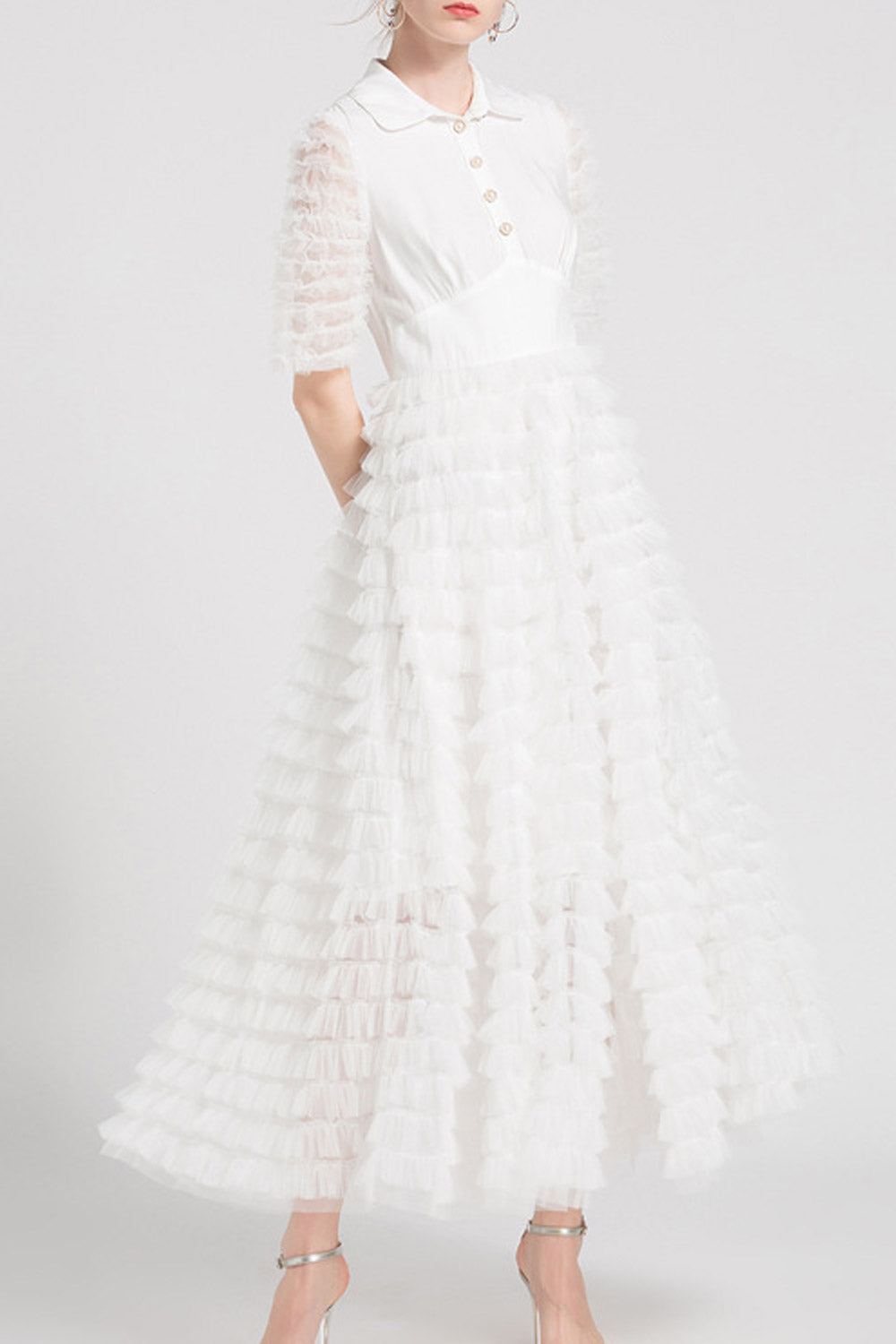 Women Collar Neck Button Up Ruffled Dress