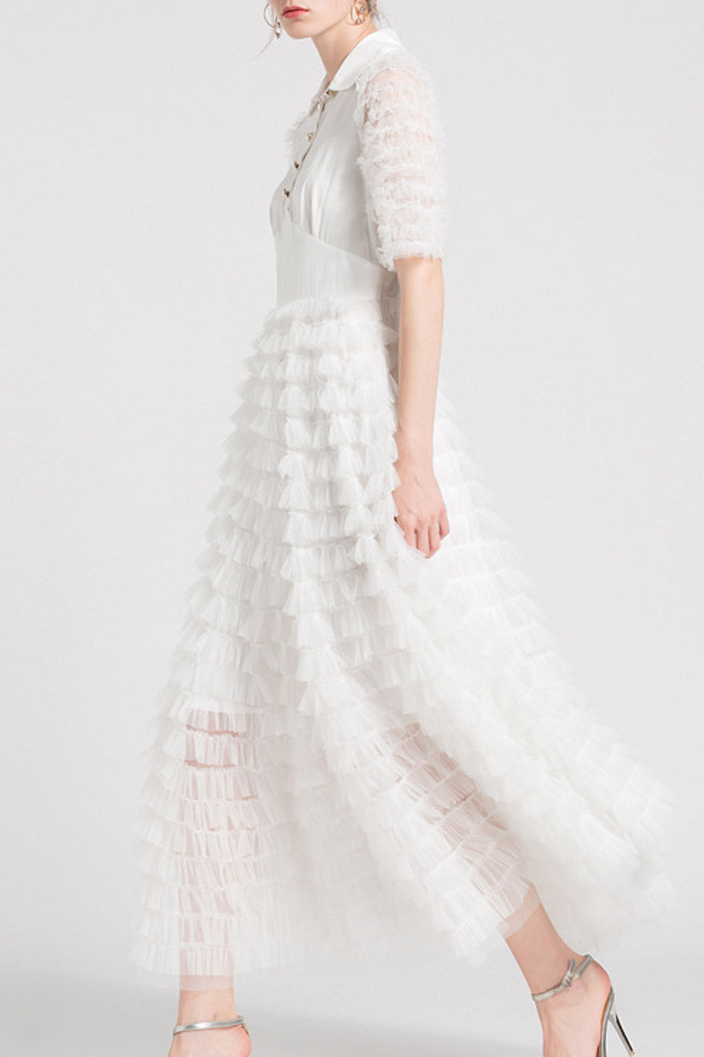 Women Collar Neck Button Up Ruffled Dress