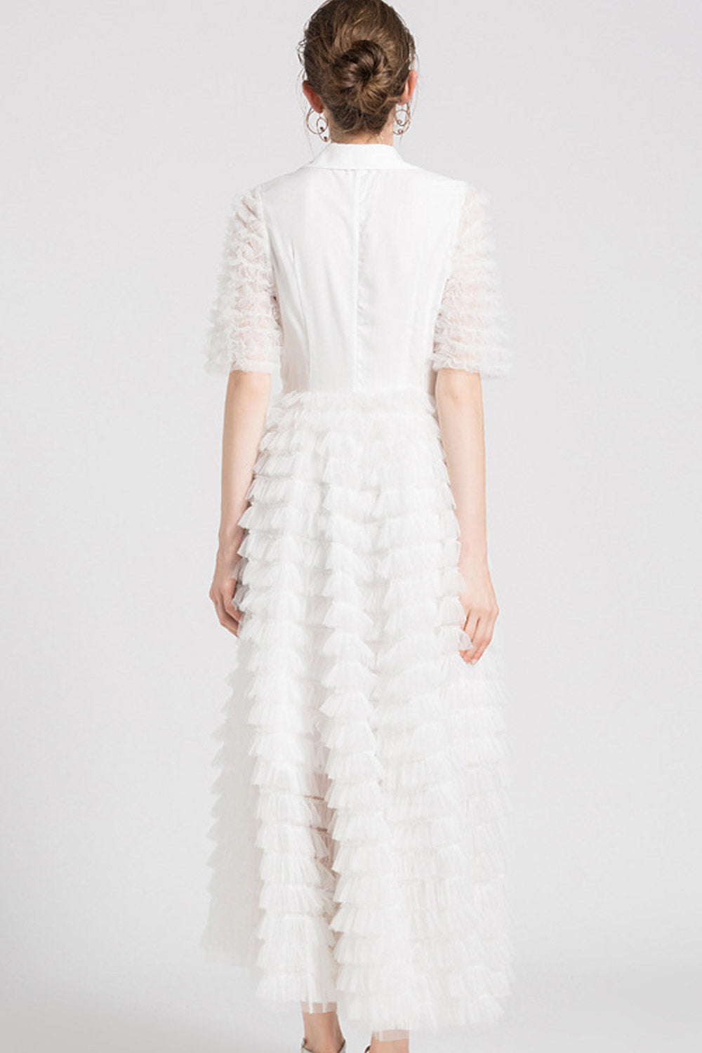 Women Collar Neck Button Up Ruffled Dress