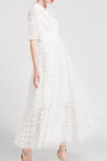 Women Collar Neck Button Up Ruffled Dress