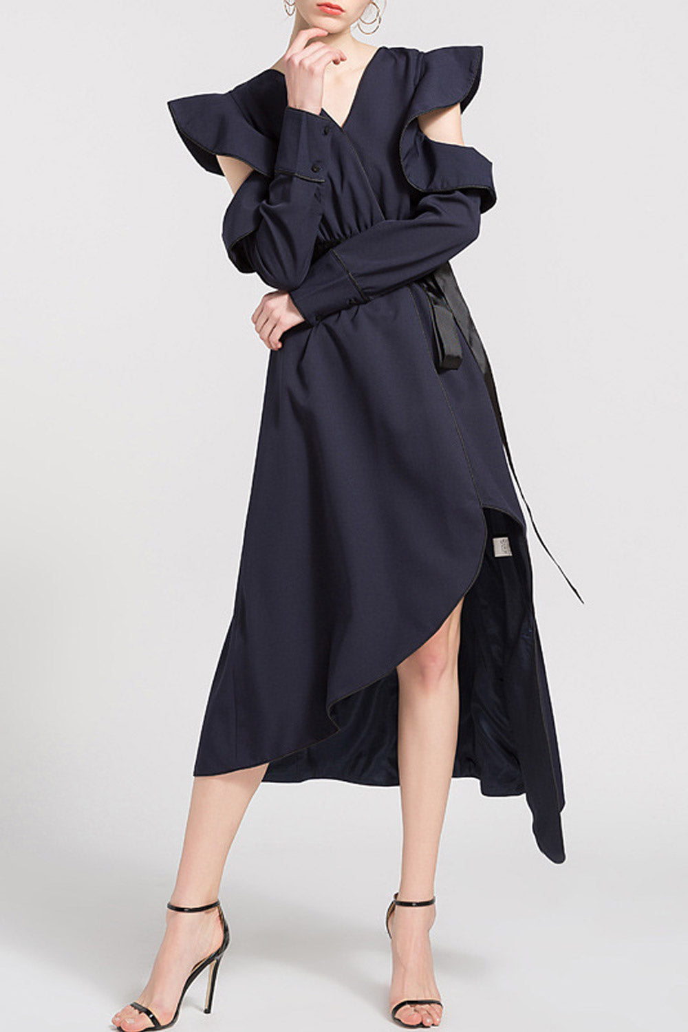 Women Ruffled Long Sleeve Irregular Dress