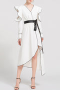 Women Ruffled Long Sleeve Irregular Dress
