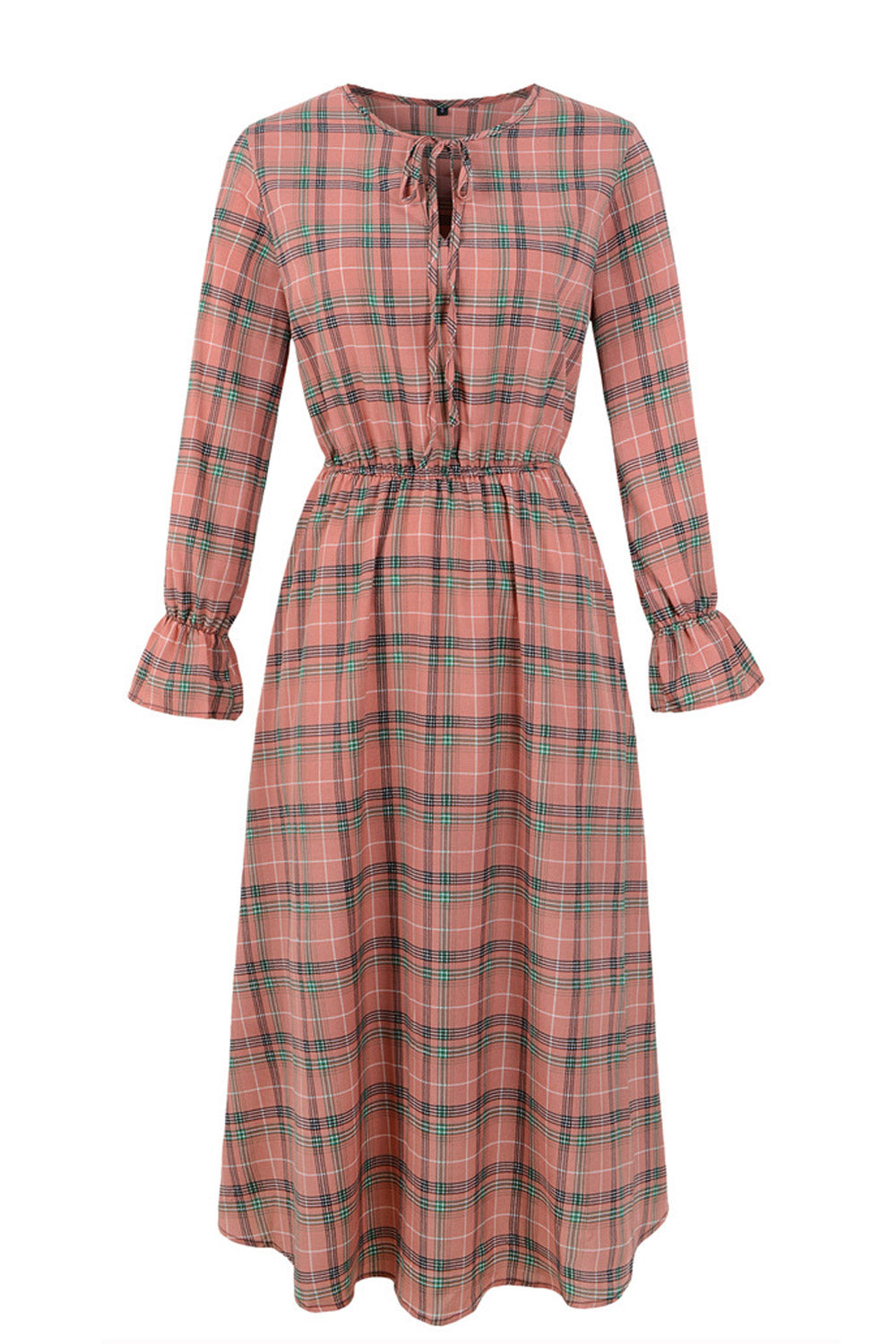 Women Keyhole Long Sleeve Plaid Chiffon Dress