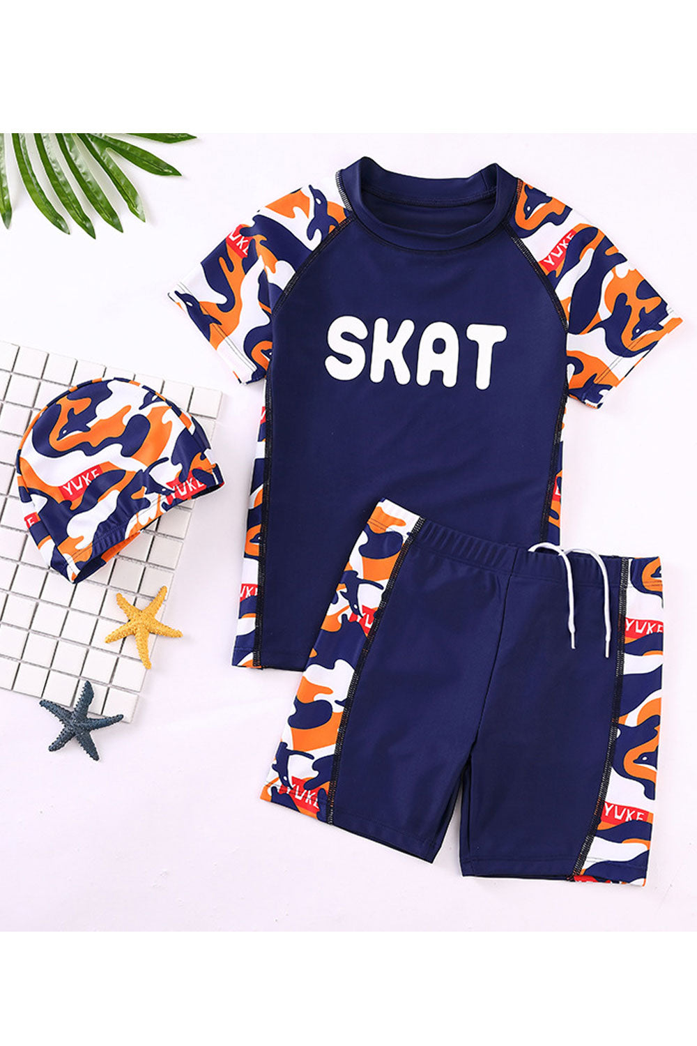 Kids Boys Short Sleeve Elegent Printed Pattern Comfortable Round Neck Two-Piece Beach Swimwear