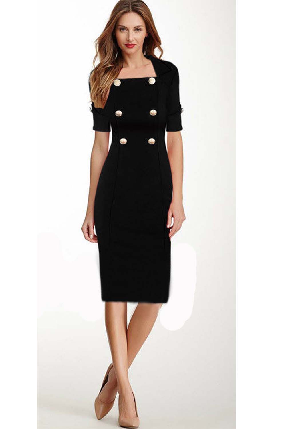 WOMEN'S BODYCON PENCIL STYLE DRESS WITH LACE STITCHING ON NECK