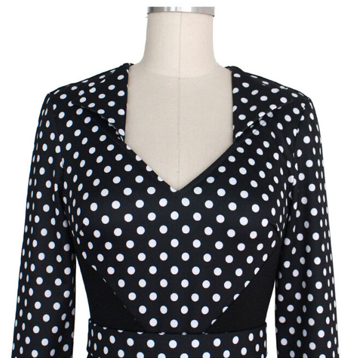 Women Polka Dots Slim Skirt Long Sleeves Dress Black