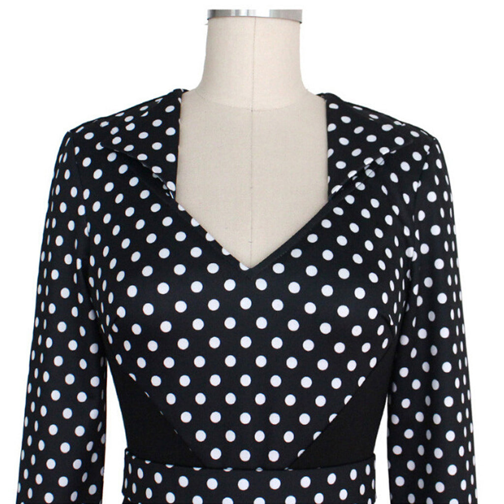 Women Polka Dots Slim Skirt Long Sleeves Dress Black