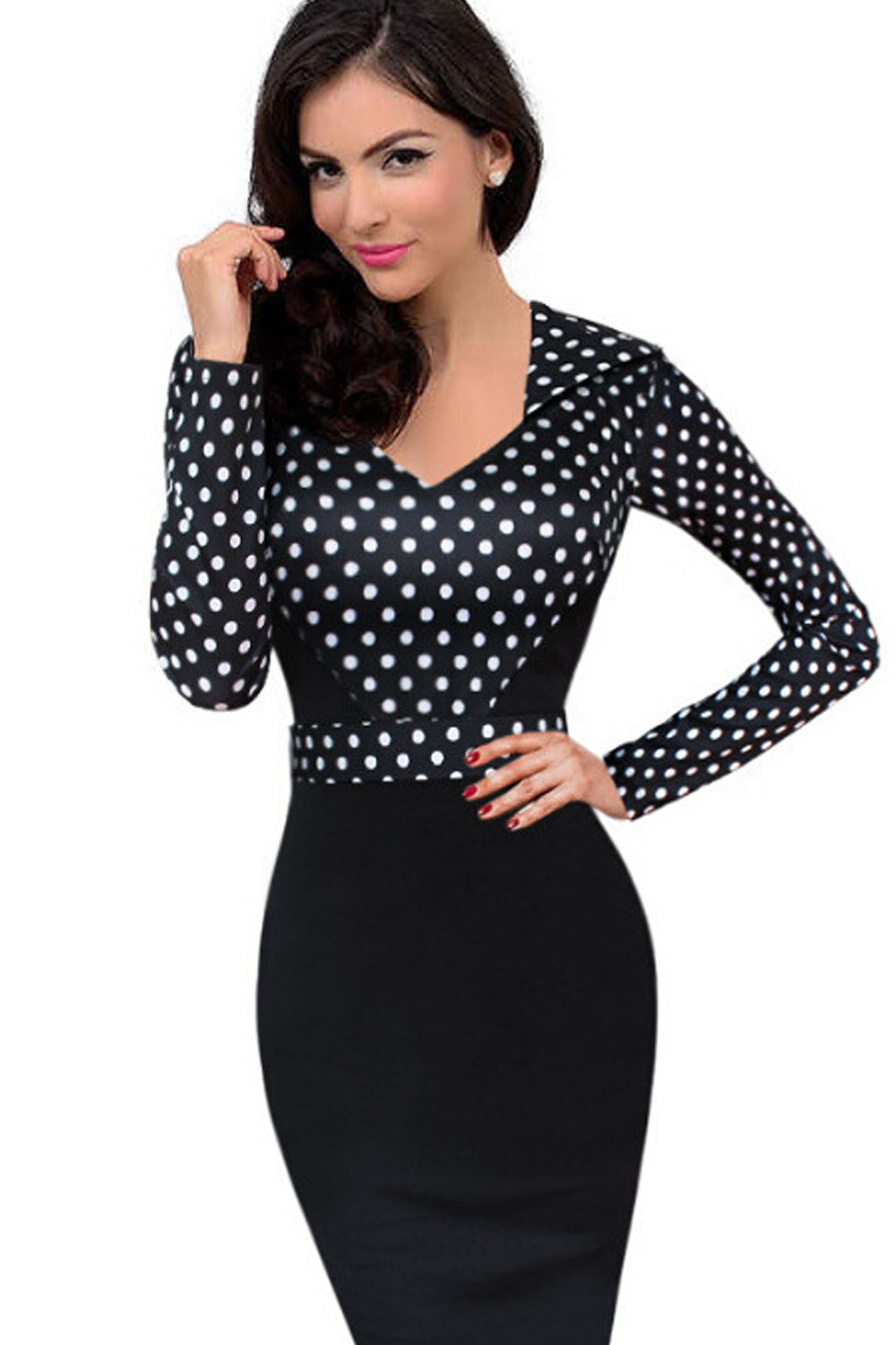 Women Polka Dots Slim Skirt Long Sleeves Dress Black