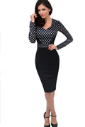 Women Polka Dots Slim Skirt Long Sleeves Dress Black