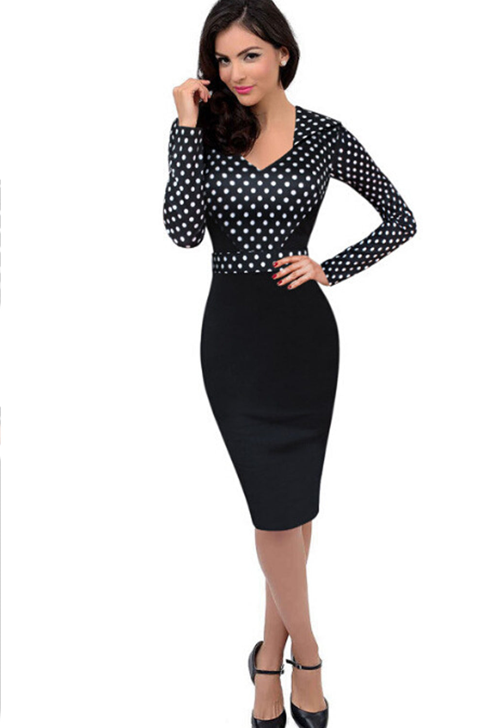 Women Polka Dots Slim Skirt Long Sleeves Dress Black