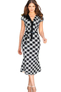 WOMEN SLIM V-NECK COLLAR NECK PLAID DRESS DECORATED WITH BUTTONS BLACK