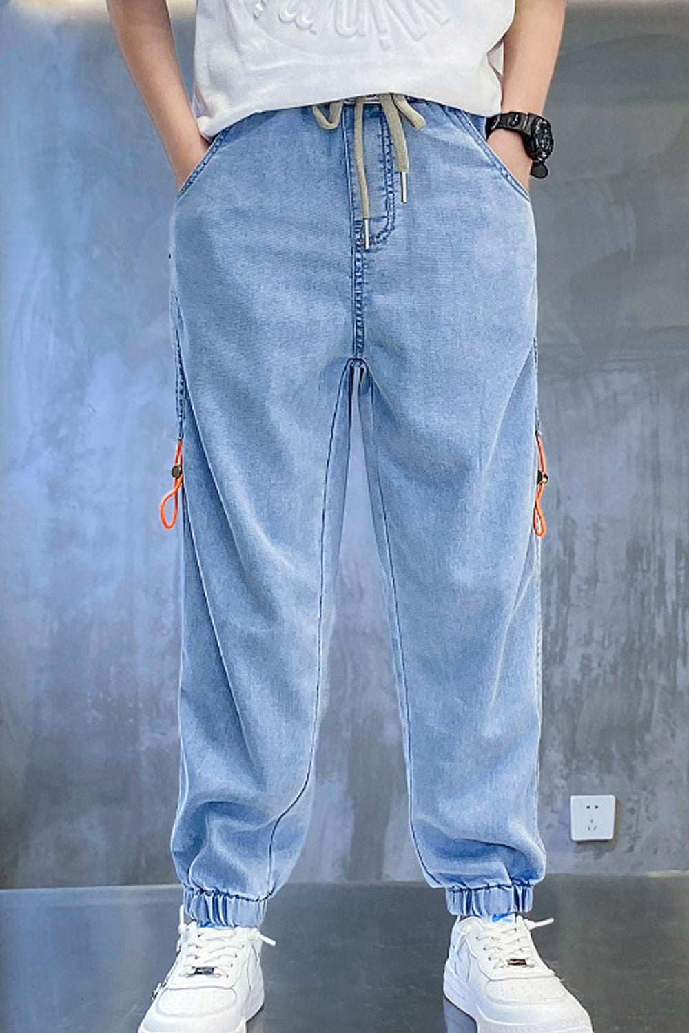Kids Boys Outstanding Solid Colored Summer Restful Styled Elasticated Mid-Waist Denim Jeans