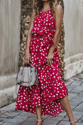 Women Knotted Waist Alluring Polka Dotted Pattern Round Neck Mid-Length Summer Sleeveless Party Dress