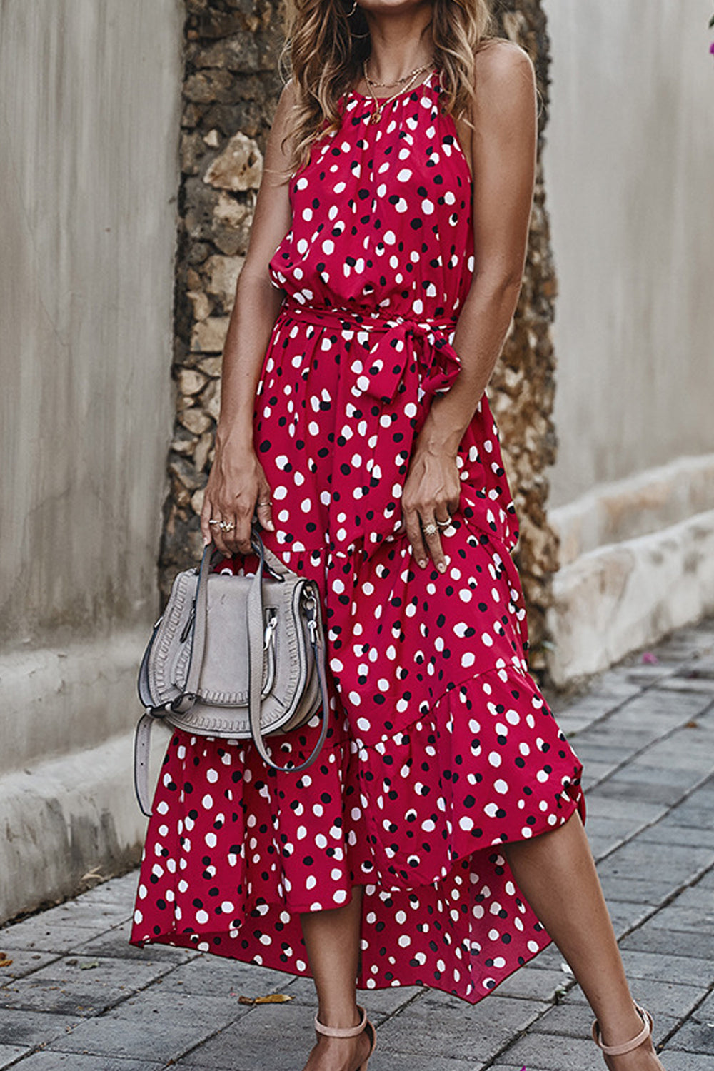 Women Knotted Waist Alluring Polka Dotted Pattern Round Neck Mid-Length Summer Sleeveless Party Dress
