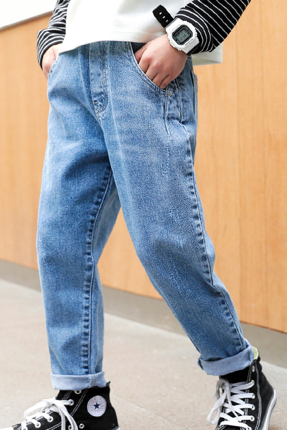 Kids Boys Trendy Solid Colored Elasticated Mid-Waist Belt Loops Summer Stylish Denim Jeans
